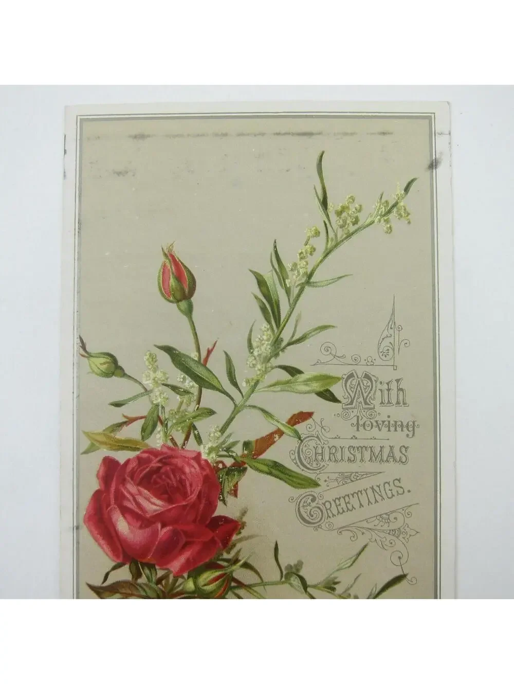 Victorian Christmas Card Raphael Tuck & Sons Red Roses White Flowers Antique